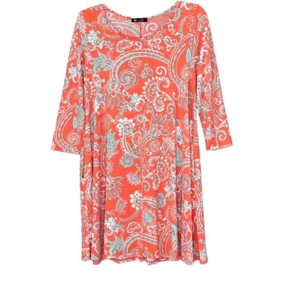 Vision Paisley Floral A-Line Pocket salmon Blue Dress Size Small - Picture 1 of 12